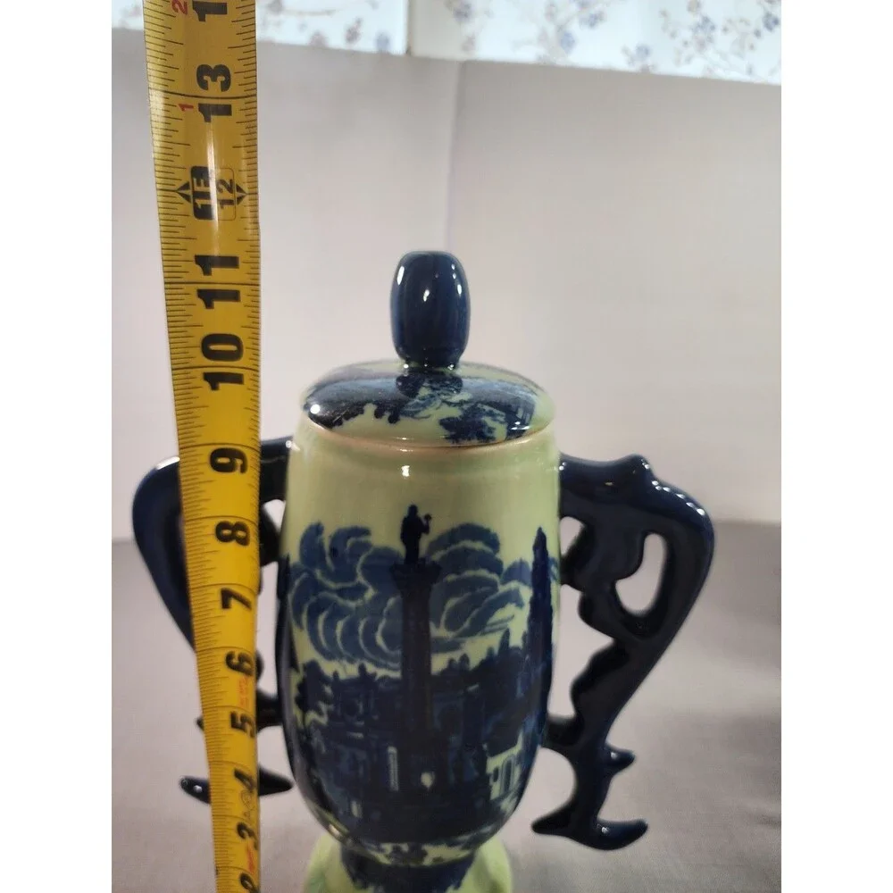 Asian Style Blue & Green Porcelain Lidded Urn Vase Double Handle 11.5”